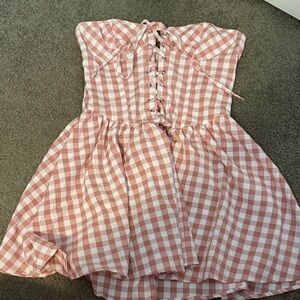 Musera Pink and White Gingham strapless lace up Dress
